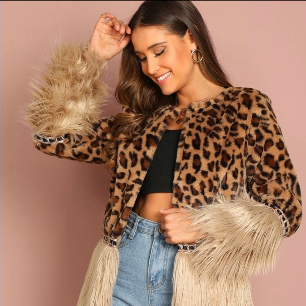 Contrast Faux Fur Leopard Coat
